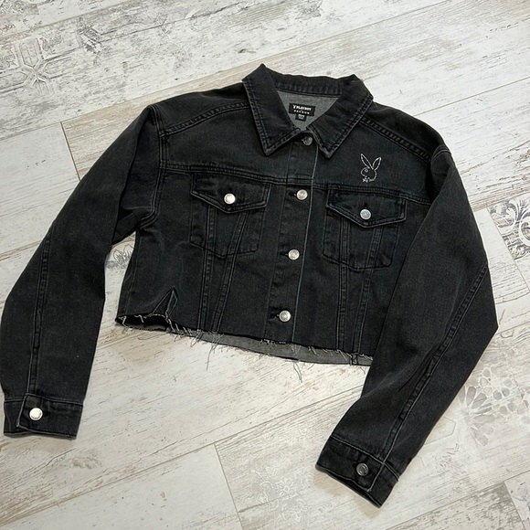 Playboy Pacsun Cropped Black Denim Jacket Size XS/S NWOT - Picture 1 of 5